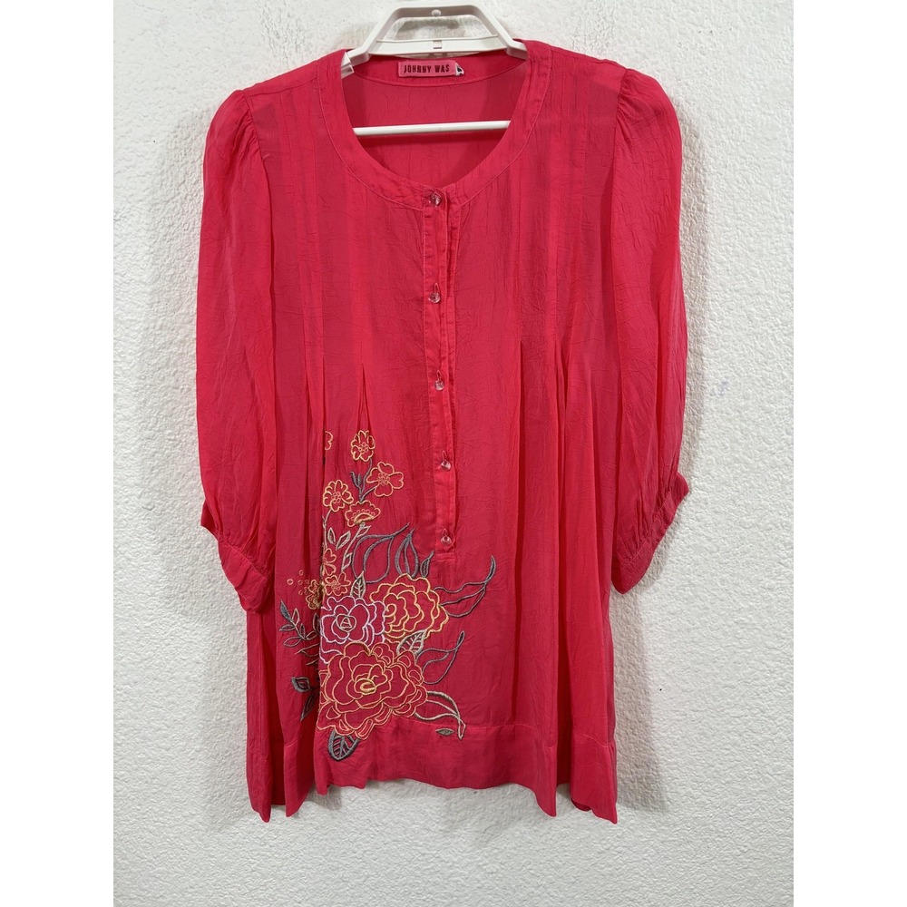Johnny Was Blouse Womens Small Deep Pink Embroidered‎ Floral Rayon Semi Sheer